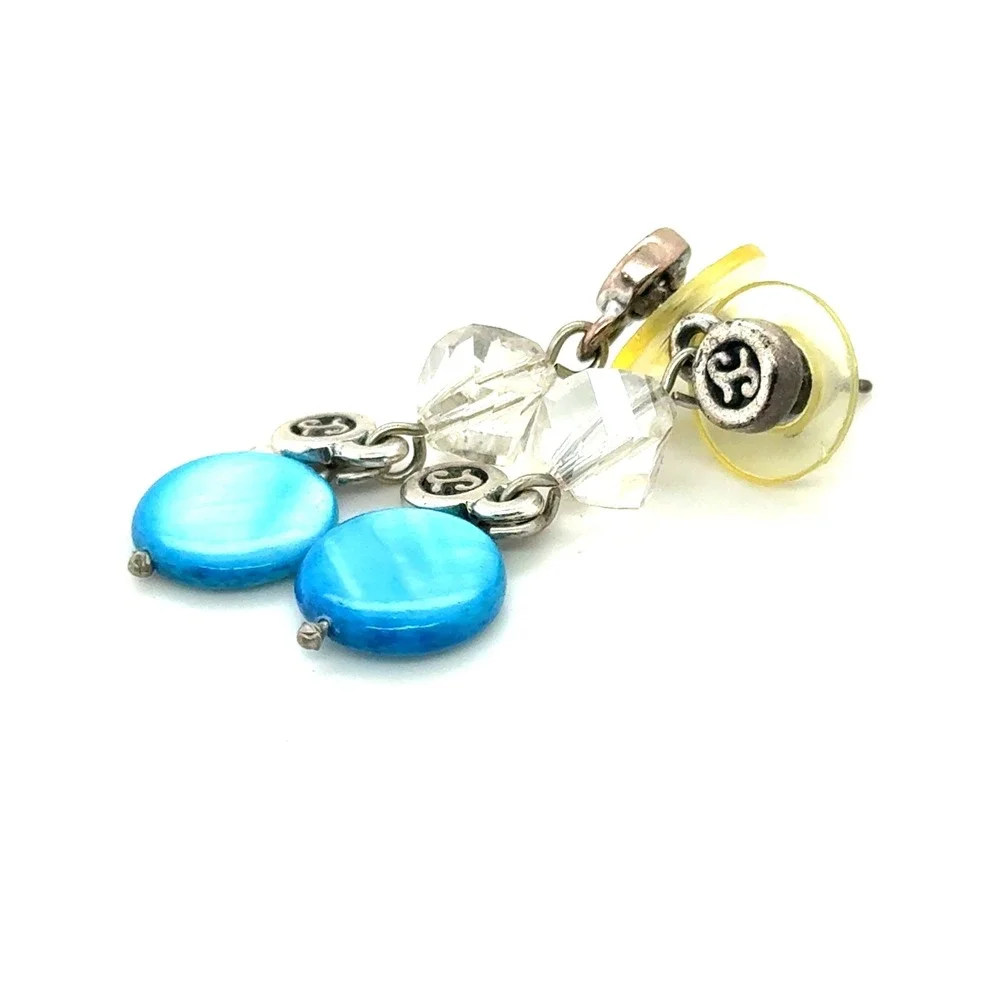 Brighton Blue Mother of Pearl Crystal Drop Earrings Silver Tone Scroll Logo
